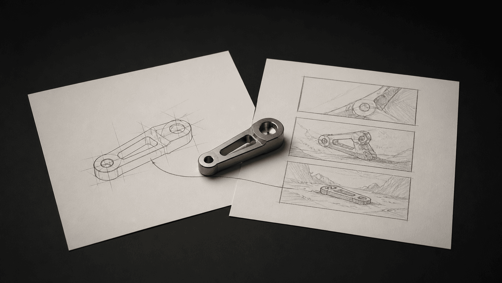Machined metal component connecting a technical drawing with a three-frame storyboard