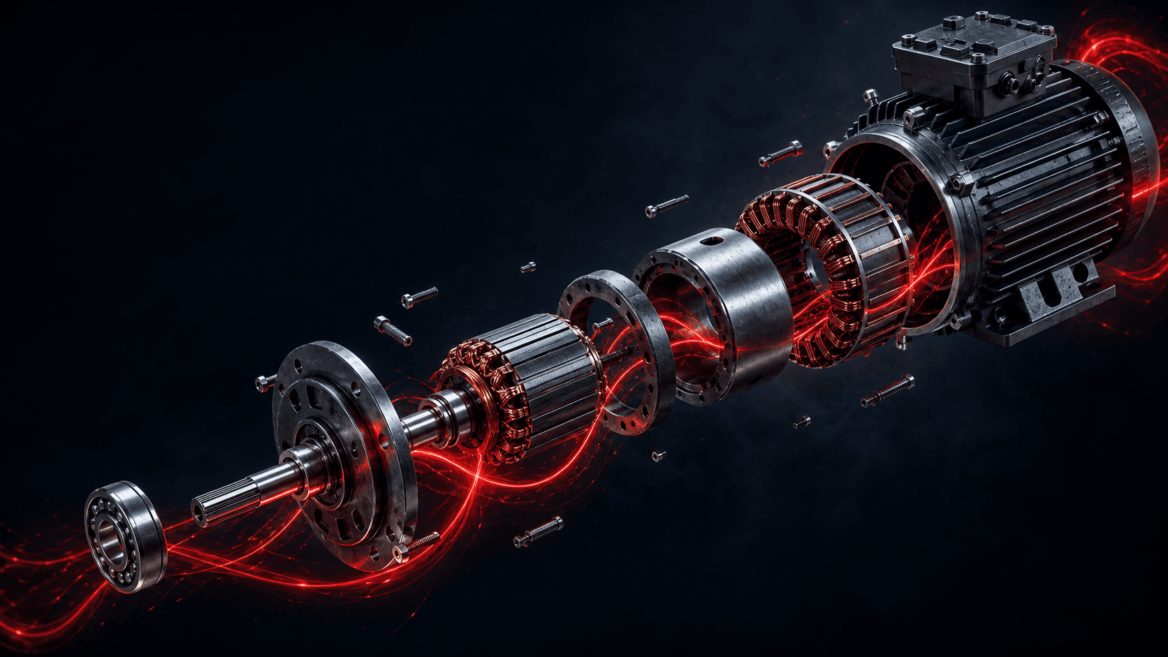 Industriële elektromotor met los weergegeven precisieonderdelen en rode energiesporen