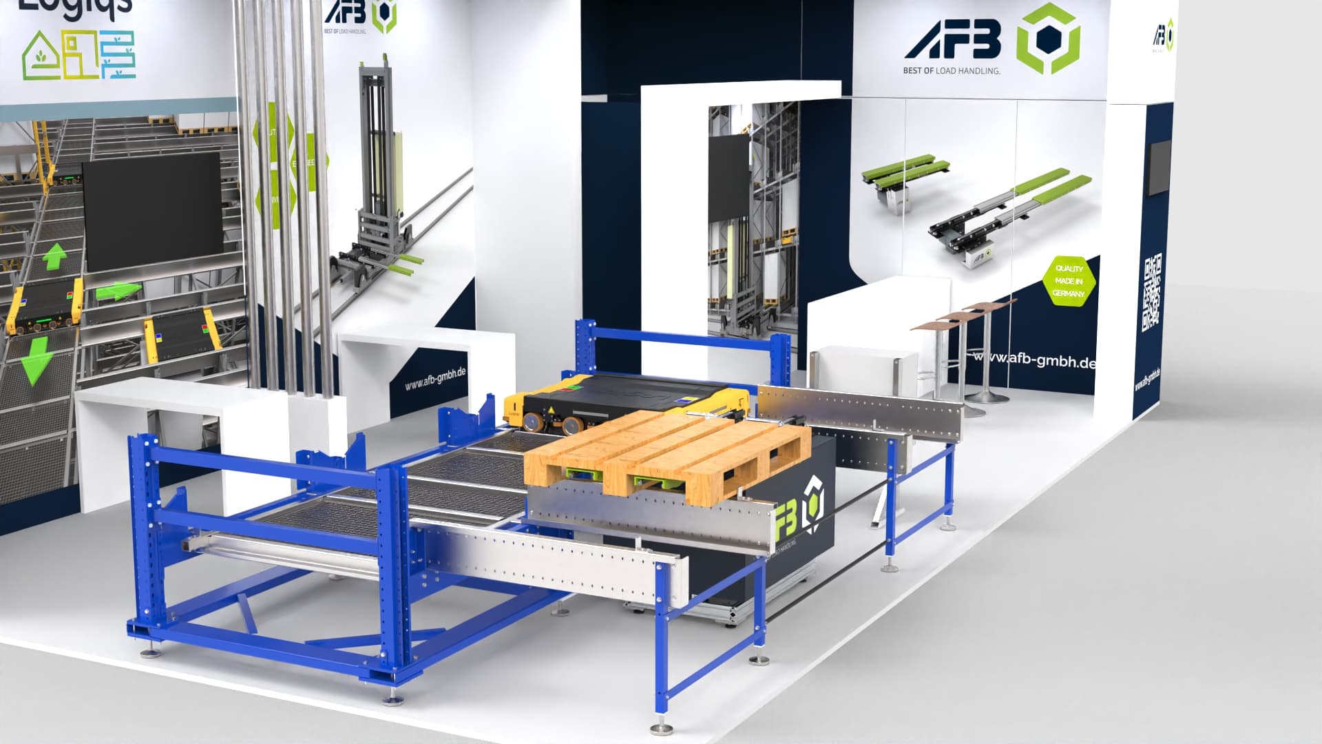 Rendered AFB exhibition stand with an automated pallet system