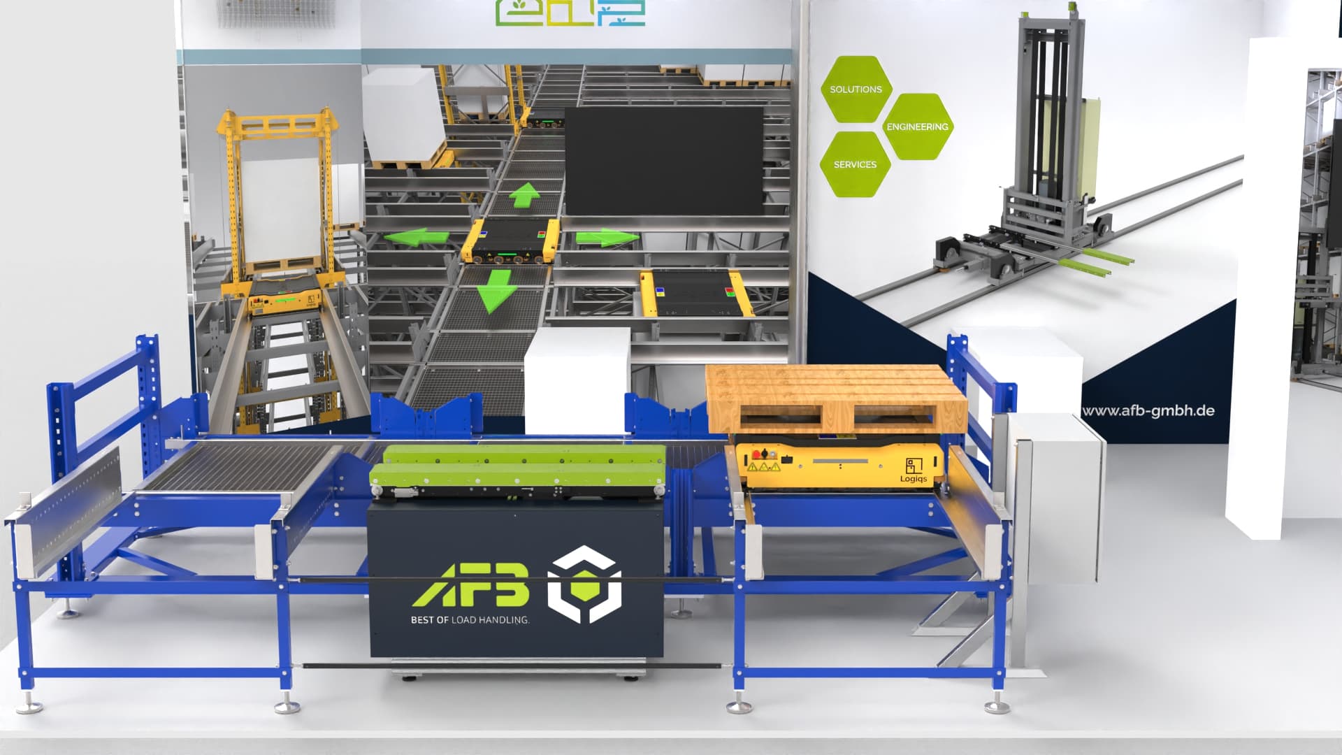 AFB and Logiqs product display with technical wall graphics