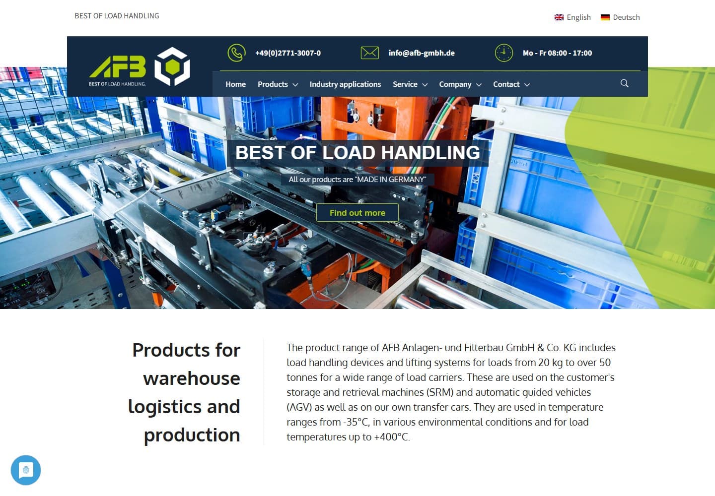 AFB homepage with load handling machinery, product navigation and company introduction