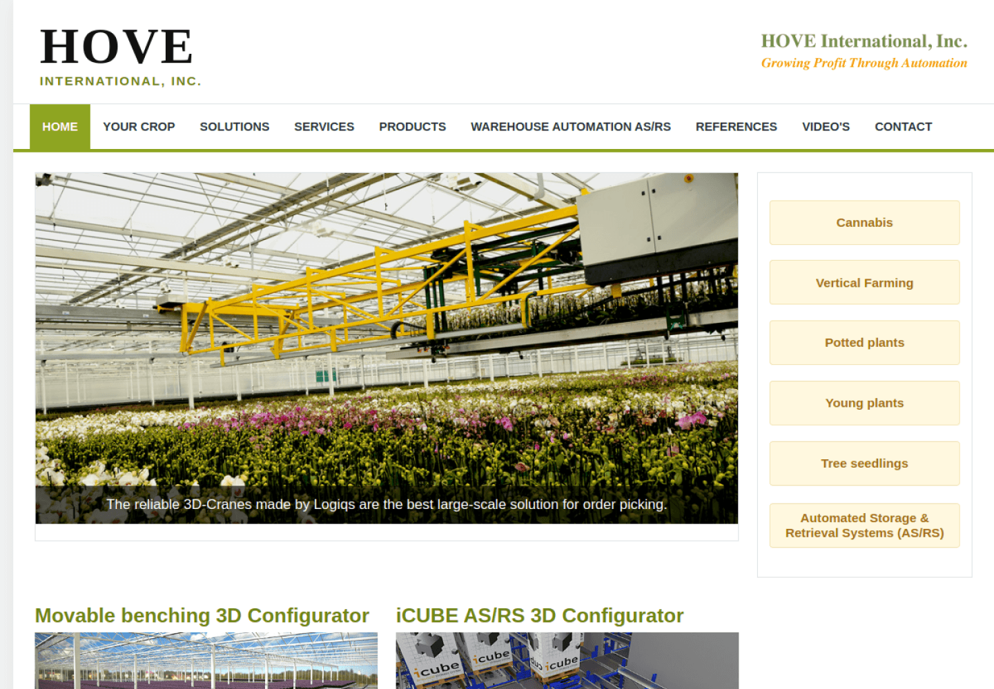 HOVE International-homepage met tuinbouwautomatisering, productnavigatie en teeltsystemen