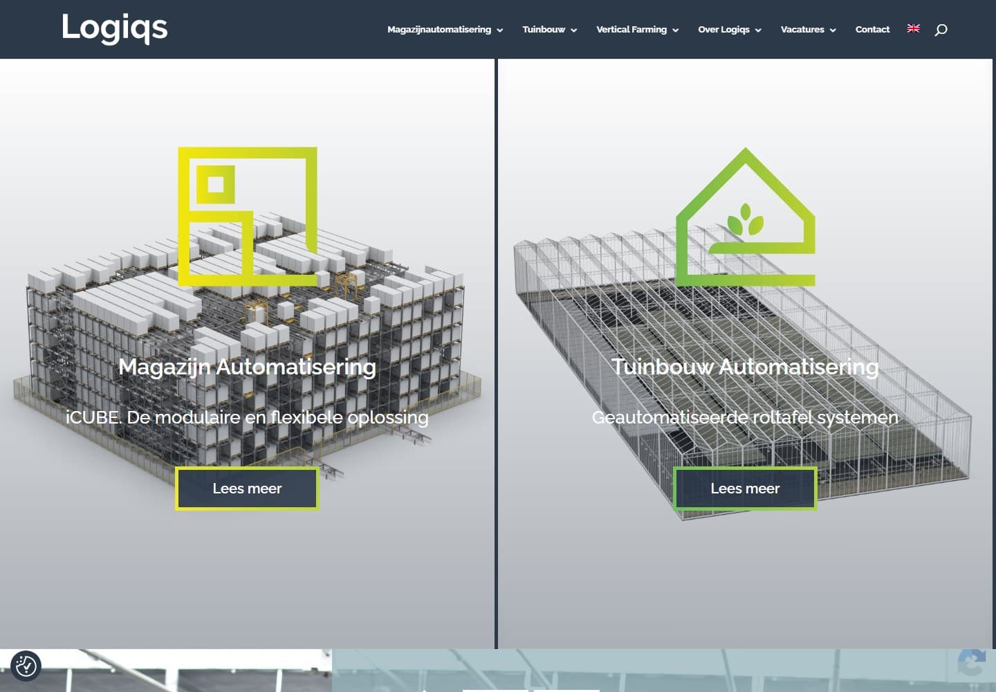 Logiqs-homepage met presentaties van magazijn- en tuinbouwautomatisering naast elkaar