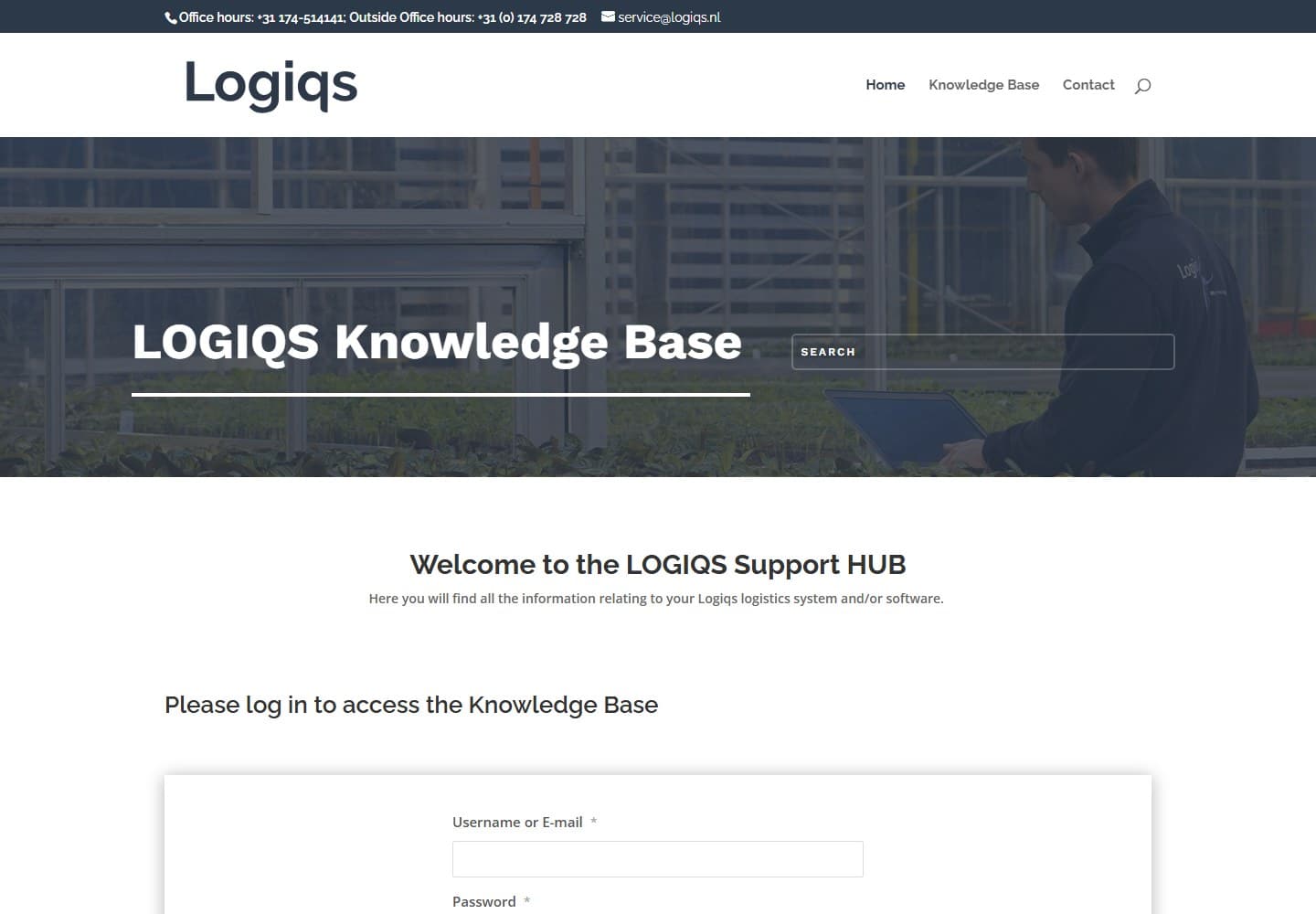 Logiqs Support homepage with knowledge base search, customer login and service contacts