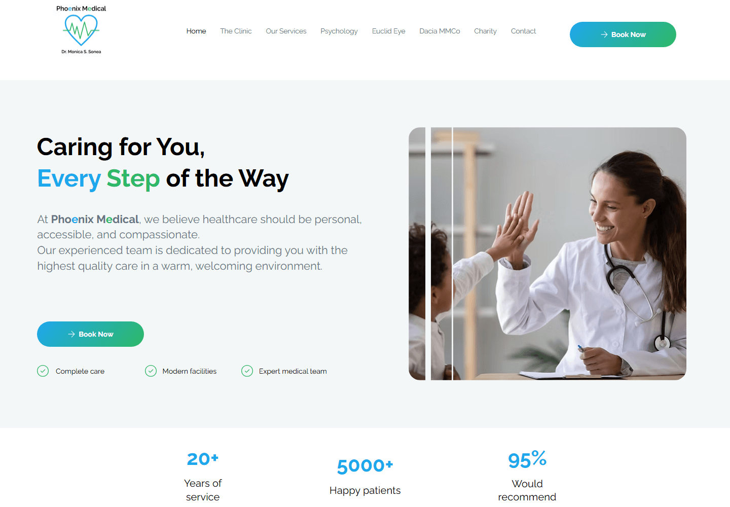 Phoenix Medical homepage with clinic branding, a doctor and child, and Book Now links